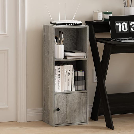 Furinno LUDER Book Shelf, 3-Tier Modern Bookshelf, Bookcase with 1 Door Storage Cabinet, 9.3 x 12 x 31.5, for Organization and Storage, for Living Room, Bedroom, Home Office, French Oak