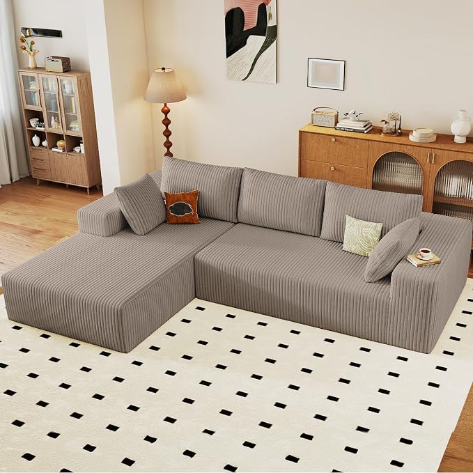 96" Modular Sectional Sofa, Modern Corduroy Cloud Couch with Deep Seat, Boneless Couch Upholstered 3-Seater L-Shaped Sofa for Living Room, No Assembly Required (Camel, Left-Facing Chaise)