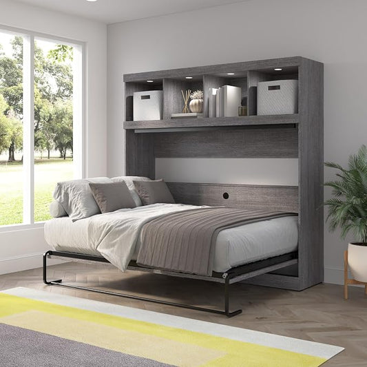 Bestar Full Size Horizontal Murphy Bed with Storage and Charging Station, 80-inch, for Bedroom or Guestroom, Pur Collection, Modern, Gray