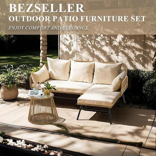 Bezseller 3-Piece Outdoor Patio Furniture Set, L-Shaped Rattan Sectional Sofa with Thick Cushions, Glass Coffee Table – All-Weather Conversation Set for Backyard, Porch, Poolside