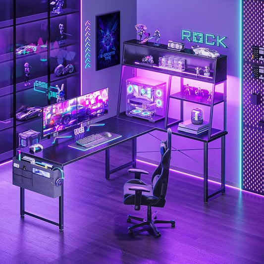 AODK L Shaped Gaming Desk with Led Lights, 59 Inch Reversible Gaming Computer Desk with Display Shelves, PC Gamer Desk Gamer Table with Storage Bag, L Desk for Game, Black