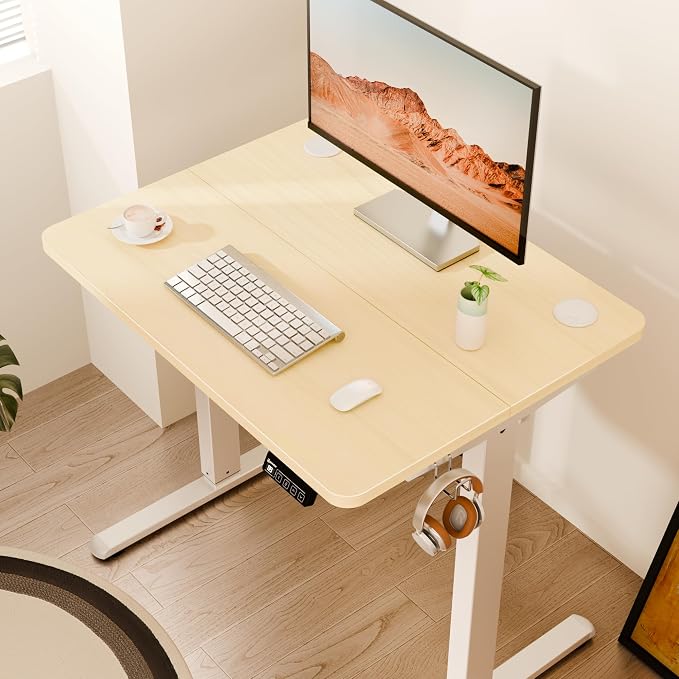 ERGOMAKER Electric Standing Desk, 31.5" x 23.6" Height Adjustable Sit Stand Desk with Splice Board for Home Office, Computer Desk Memory Preset (White Frame, Gold Oak Desktop)