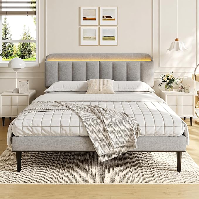 Adjustable Headboard for King/California King Size Bed Frame, Linen Fabric Bed Headboard with Storage & RGB LED Light in Modern Vertical Channel Design, Light Grey