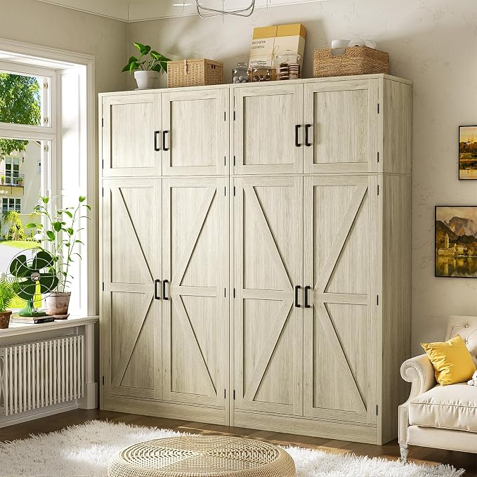 Unikito 71” Farmhouse Kitchen Pantry Cabinet, Large Storage Cabinet with Adjustable Shelves and Barn Doors, Versatile Tall Storage Cupboard for Dinning Room, Bathroom, Living Room, Wash Gray, 2 Pack