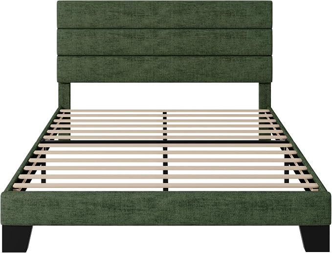Allewie Full Size Platform Bed Frame with Fabric Upholstered Headboard and Wooden Slats Support, Fully Upholstered Mattress Foundation/No Box Spring Needed/Easy Assembly, Green