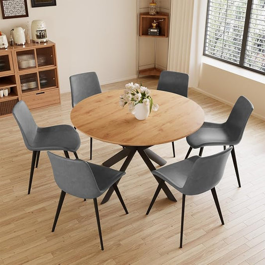 HIPIHOM 43.2"-59.1" Extendable Dining Kitchen Table with 6 PU Chairs | 6 leather chairs included, mid century modern round table, oak MDF top, scratch resistant, space saving design