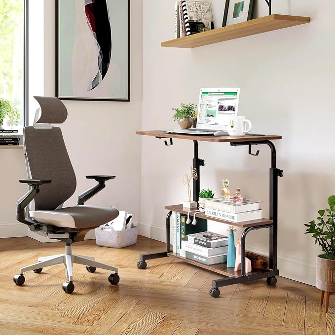 Karl home 31.5" Portable Rolling Desk on Wheels,Height Adjustable Standing Desk with 2 AC Outlets/3 USB Ports,Mobile Laptop Table with Hooks and Storage Shelves for Home Office,Rustic Brown