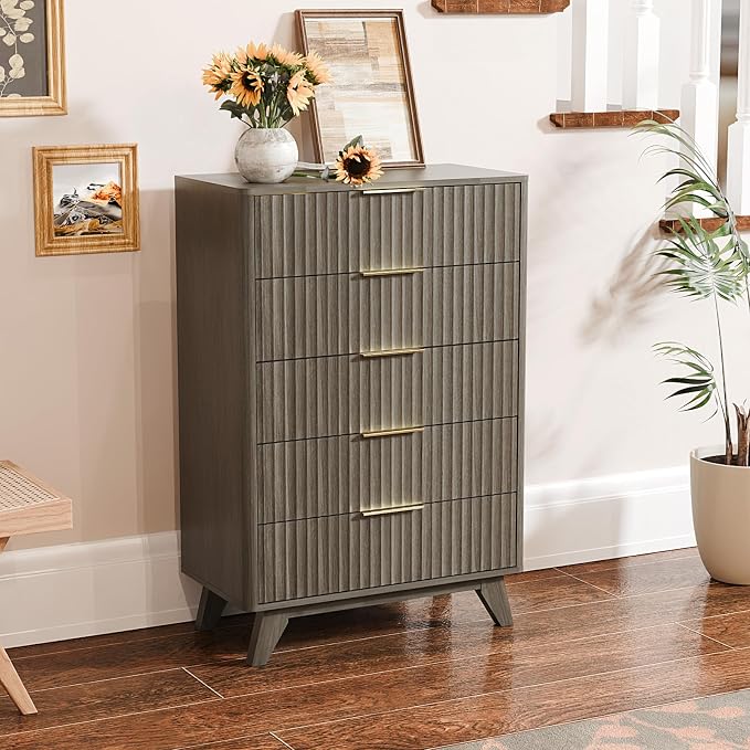 VINGLI Fluted Tall Dresser 5 Drawer Grey Chest of Drawers, Wood Dresser with Rounded Edges, Gray Chest Dressers for Bedroom, 29.92" W*15.6" D*44.88" H