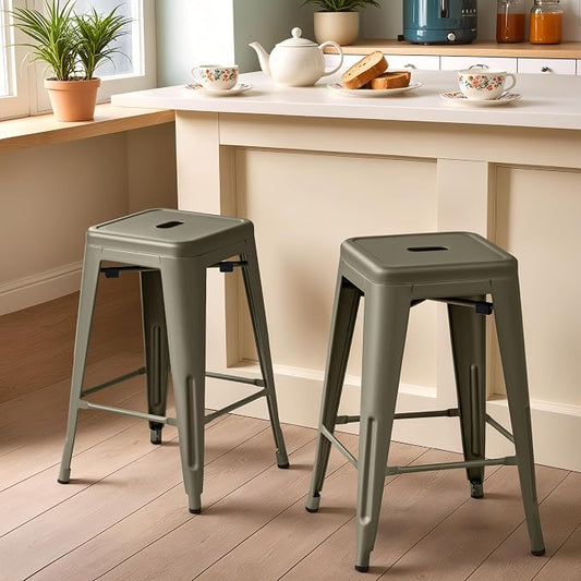 Furmax 24 Inch Metal Bar Stools Set of 4, Counter Height Bar Stools Height High Backless Stools Industrial Stackable Bar Chairs for Dining Room Kitchen Indoor Outdoor Stools Bar Chairs (Gun)