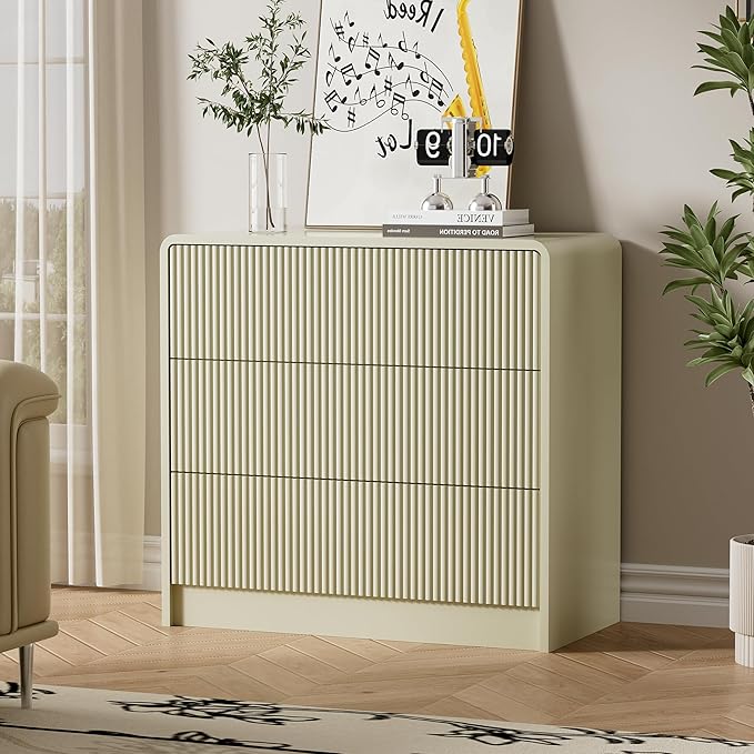 Furniway Beige Nightstands Set of 2, 32" Modern 3 Drawer Bedside Table with Storage, Large Night Stand for Bedroom