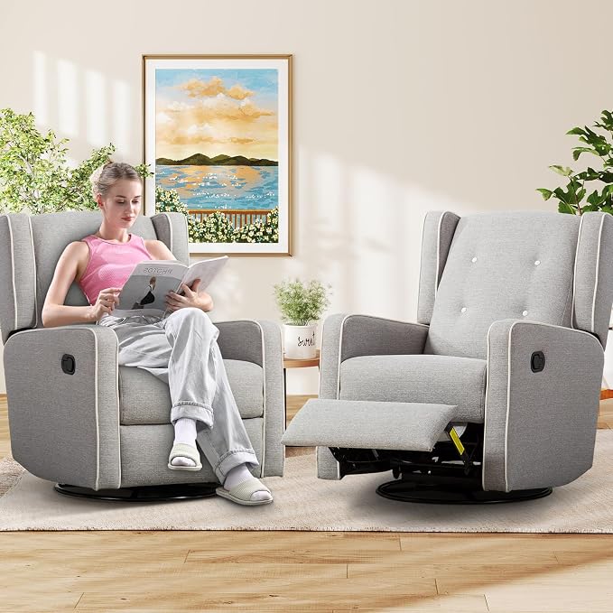 CANMOV Swivel Rocker Recliner Chair Set of 2, Nursery Glider Chair, Nursery Rocking Chairs, Manual Reclining Chair, Grey