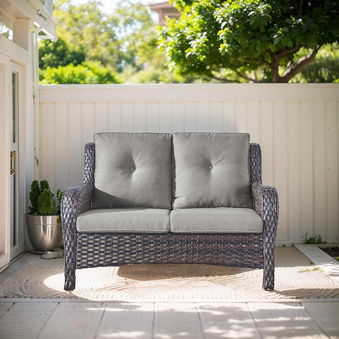 Outdoor Loveseat Sofa-2 Seater Rattan Wicker Patio Couch High Back Patio Sofa for Porch Deck Backyard-Brown/Grey