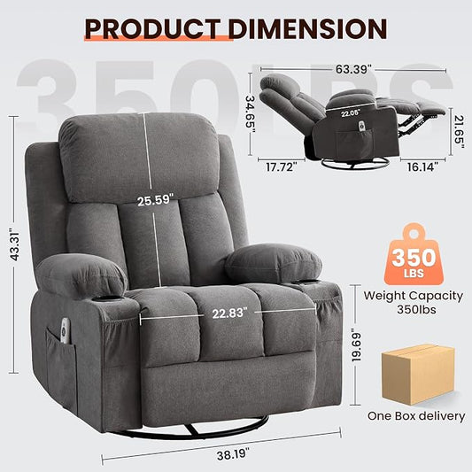 MAHOMICO Swivel Rocker Recliner Chair with Vibration Massage and Heat for Living Room,with Rocking Function and Side Pocket, USB Charge Port,2 Cup Holders