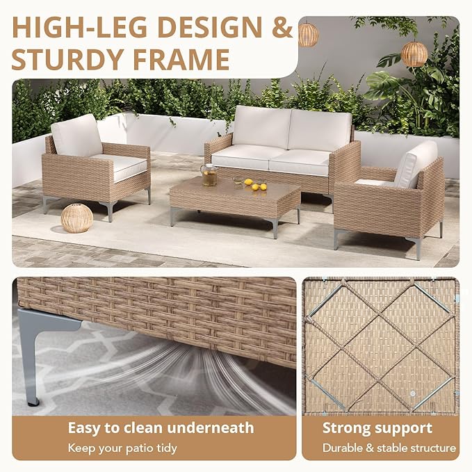 4-Piece Patio Furniture Set, Outdoor Wicker Sectional Sofa with Coffee Table, Anti-Slip & Thick All-Weather Cushions for Garden, Poolside, Backyard, Beige