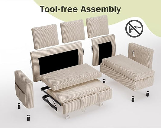 Vipbear 80" Sectional Sleeper Sofa Bed with Pull Out Bed, L Shaped Couch Pull Out Couch with Reclining Backrest, Reversible Storage Chaise, USB Ports, Tool-Free Assembly, Corduroy Beige
