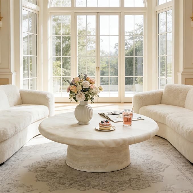 35.43" Faux Marble Round Coffee Table, Modern Pedestal Coffee Table with Base, Stone Circle Drum Minimalist Center Sofa Side End Table for Living Room Apartment Office, Mars Pattern
