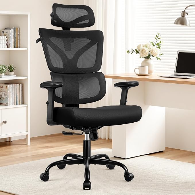 Ergonomic Office Chair High Back Desk Chair with Lumbar Support, Breathable Mesh Computer Chair with Adjustable Armrests Height, Reclining Swivel Big and Tall Gaming Chair for Home Office(White)