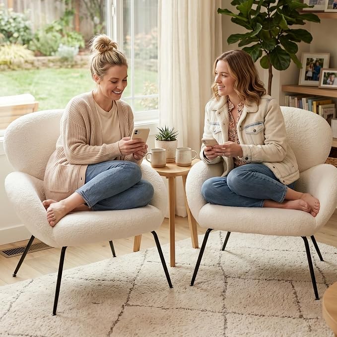 Accent Chair, Accent Chair for Bedroom, Boucle Chair (Cream Whtie) | Comfy Bedroom Chair with Love Back and Sturdy And Durable Solid-Wood Frame/ Study Room / Bedroom / Living Room /(Cream Style)