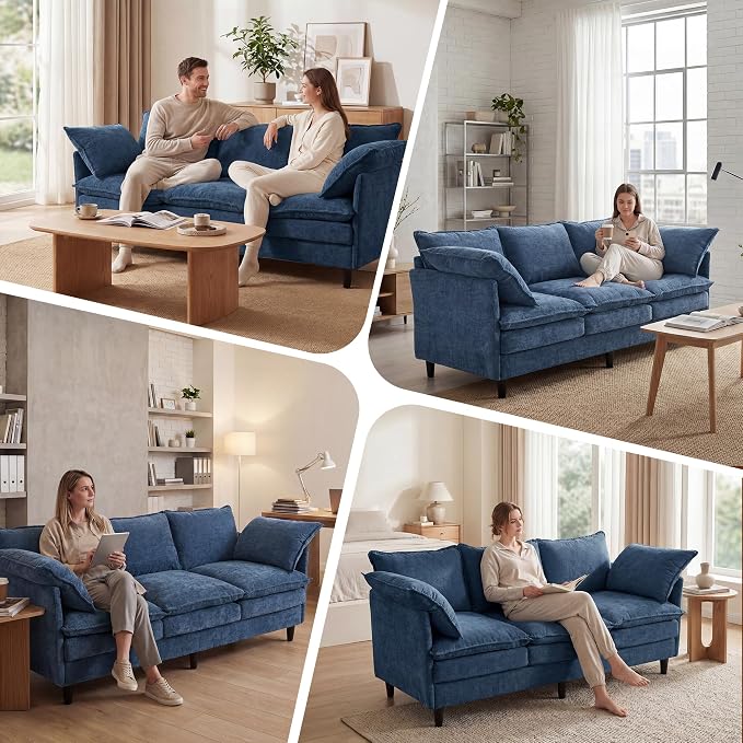 3 Seater Couch Sofa, 69" Small Couch Modern Cozy Comfy Cloud Chenille Sofa 23" Deep 1 Box & 2 Pillows & Washable Cover Couches for Living Room Bedroom Apartment Office 69-Blue