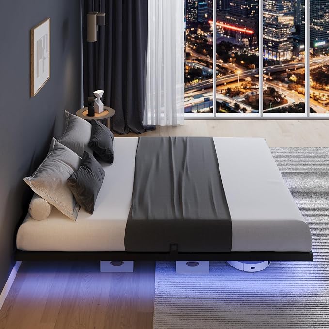 Novilla Floating Bed Frame with LED Lights, Modern Platform Full Size Bed Frame with Mattress Slide Stopper, Easy Assembly, No Box Spring Needed, Noise Free