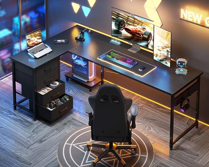 AODK L Shaped Gaming Desk with 4 Drawers, 67" Reversible Home Office Desks with Power Outlets, L Shaped Computer Desk with USB Charging Port and Host Stand, Corner Desk, Easy to Assemble, Black