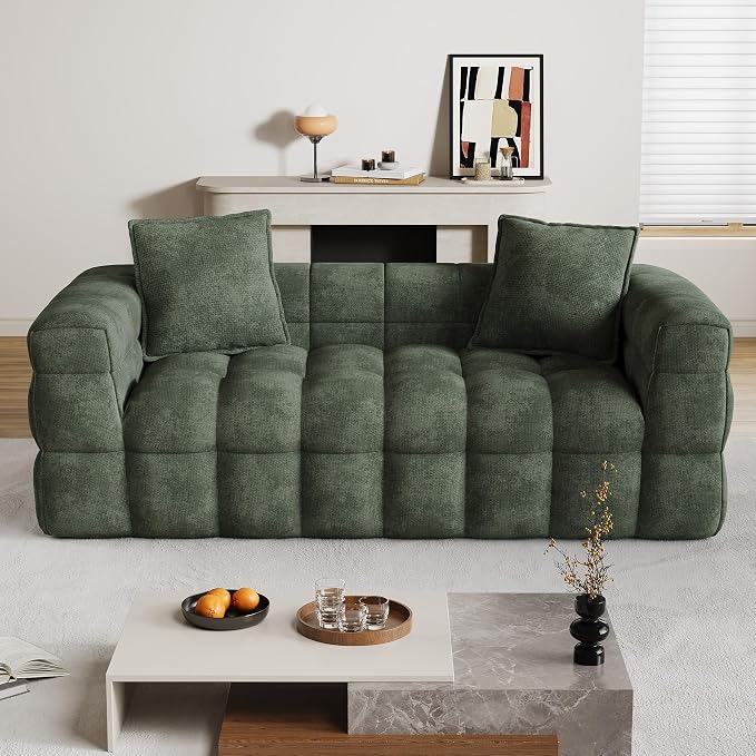66.5" Loveseat Boneless Couch,Comfy Cloud Sectional Sofa with Deep Seat,Modern Upholstered Chenille Love Seat Sofa, Small Couches for Living Room, No Assembly Required Tufted Sofas, Green