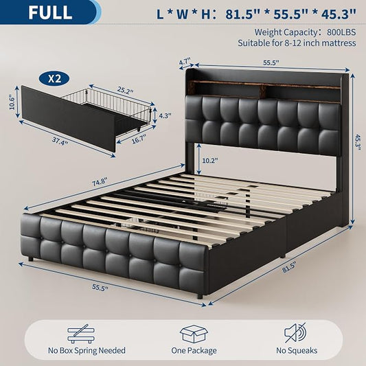 Garvee Full Size Bed Frame with 2 Storage Drawers, Upholstered Bed Frame Full with LED Light, Double-Layer Bedside Headboard with Charging Socket and USB Port, PU Leather, Black