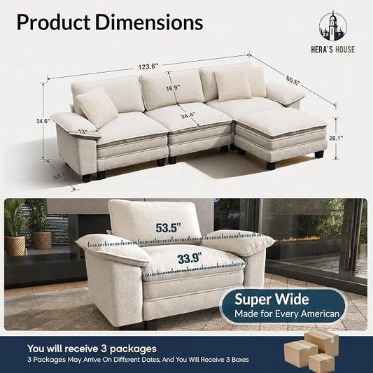HERA'S HOUSE 124" Modular Sectional Sofa, Oversized L Shaped Couches for Living Room, Comfy Cloud Couch with Ottoman, 4-Seater Deep Seat Sofa with Throw Pillow, Chenille Beige