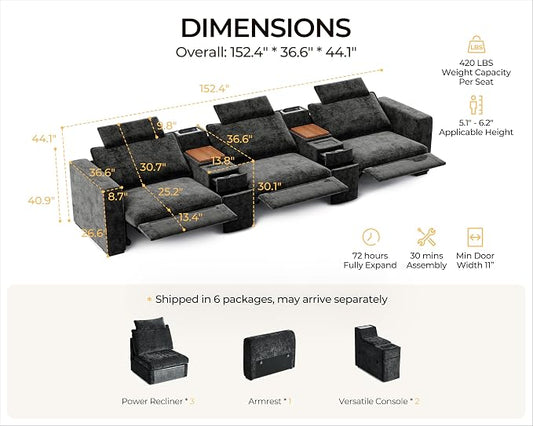 152.4" Power Recliner Sofa Wall Hugger, Modular Cloud Sectional Reclining Couch with Headrest, Storage Drawer Cup Holder, 3-Seater with 2 Consoles for Home Theater Living Room, Chenille, Black