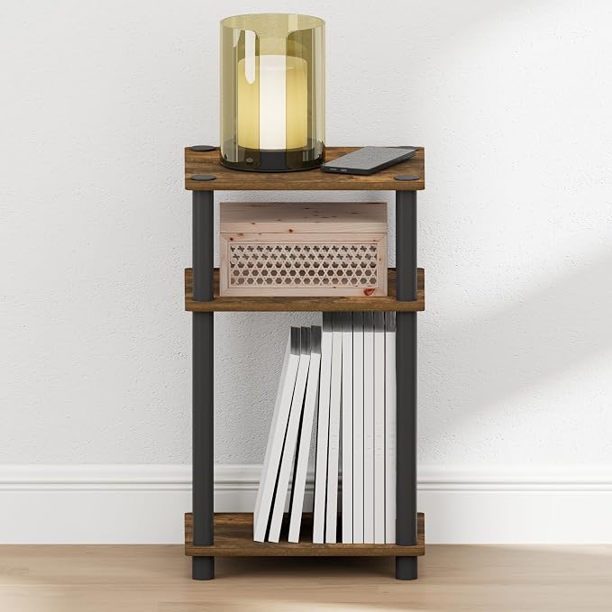 Furinno JUST Night Stand, 3-Tier Turn-N-Tube Nightstand, Toolless Bedside Table, End Table, Side Table with Open Storage for Bedroom, Closet, Dorm, Americano