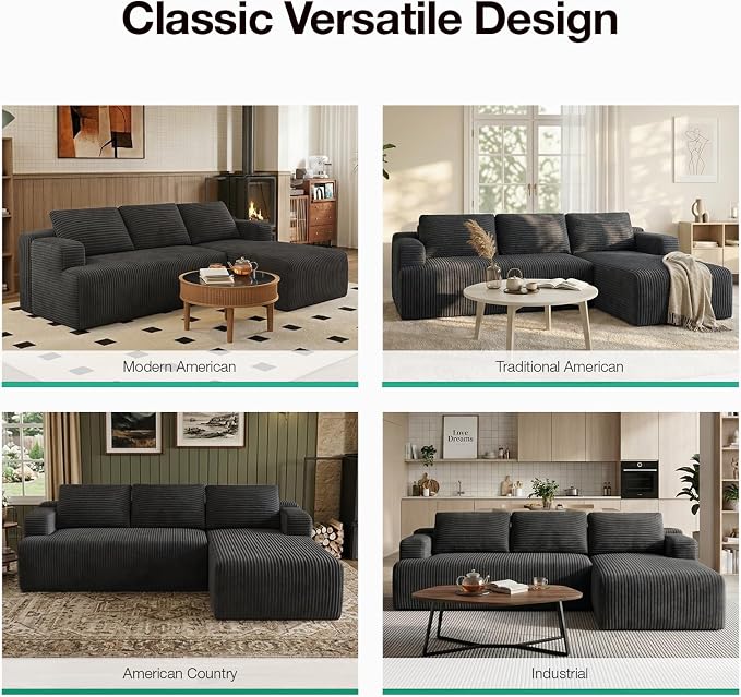 Novilla L-Shape Sectional Couches for Living Room with Smarts Coil® Support, 3 Seater Sectional Sofas for Living Room Bedroom, Corduroy Cloud Couch Sectional, No Assembly(Dark Grey, Right Hand Facing)