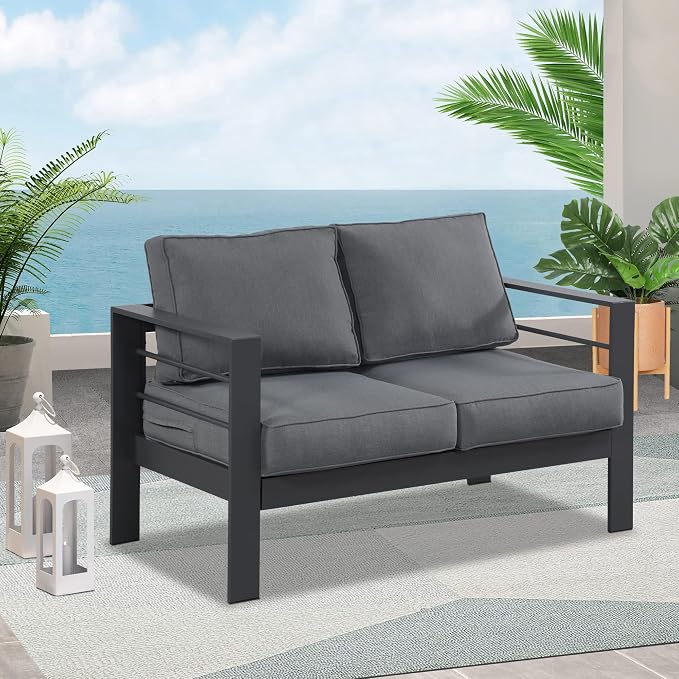 Wisteria Lane Aluminum Outdoor Sofa, 2 Seats Patio Couch All-Weather Rust-Proof Modern Metal Patio Furniture with 5" Thick Olefin Cushions, Light Grey