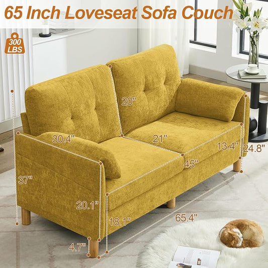 WUTUTUEE 65" Chenille Loveseat Sofa, Modern 2-Seater Love Seat Couch with Armrest Pillows, Storage Pockets, Easy Assembly, Upholstered Tufted Loveseat Couches for Living Room Bedroom, Yellow