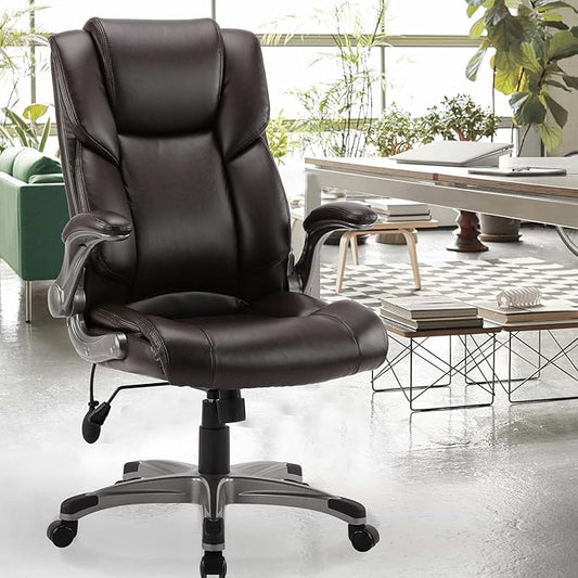 COLAMY Leather Executive Office Chair- High Back Home Computer Desk Chair with Padded Flip-up Arms, Adjustable Tilt Lock, Swivel Rolling Ergonomic Chair for Adult Working Study-Brown, Set of 2