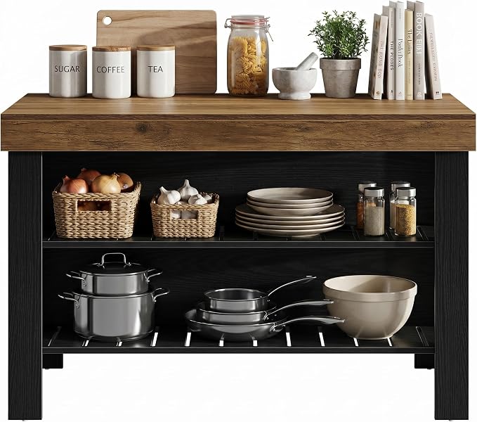 Tribesigns 55.1-Inch Kitchen Island with Seating and Storage, 3-Tier Large Farmhouse Island Table with Large Countertop and Leg Room for Kitchen Dining Room (Brown and Black)