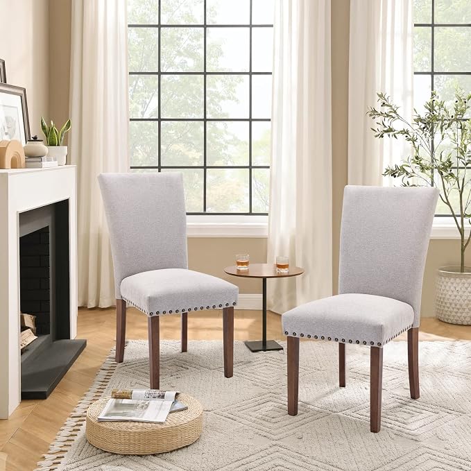 Parsons Dining Chairs Set of 6, Upholstered Nailhead Dining Room Kitchen Side Chair with Thick Cushions and Wood Legs, Light Grey
