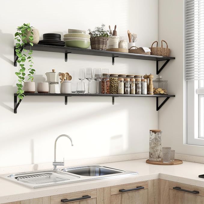 Axeman 55 Inch Floating Shelves | 8 Inch Deep Black Wall Shelves Set of 2 | 55" W x 8" D Rustic Black Wood Shelves for Bathroom Kitchen Living Room