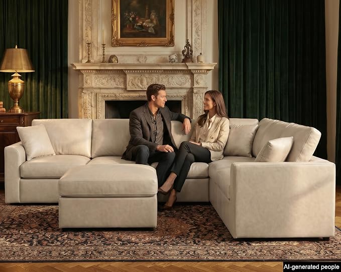 Oversized Faux Leather Modular Sectional Sofa for Living Room | with Ottoman, Extra Deep Seat, Pet-Friendly, Easy to Clean, Large 7 Seater U Shaped Cloud Couch, Beige