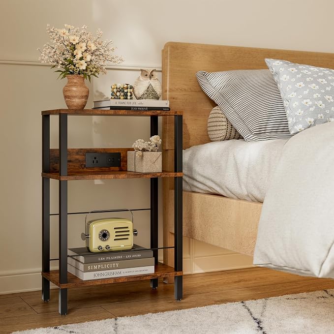 DGSANDGO Narrow Side Table (Rustic Brown) - Nightstand with Charging Station (2 USB + 1 AC Outlet), 3-Tier End Table for Balcony/Kid's Room/Bedroom