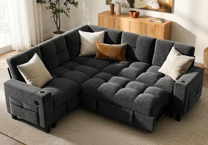 AMADA HOMEFURNISHING 85″ Modular Sectional Sleeper Sofa with Pull Out Couch, U Shaped 5 Seat Sectional Sofa with Storage, USB Ports & Cup Holders, Chenille Cloud Couches for Living Room, Dark Grey