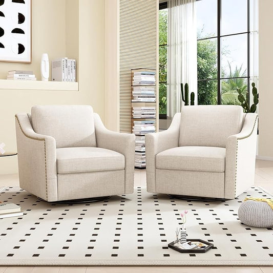 Swivel Accent Chair Set of 2,Armchair,Bronze Nail Decoration Comfy Living Room Chair,Single Sofa Chair,Reading Chairs,for Living Room Bedroom Reading Apartment (Cream, 2 Cream)