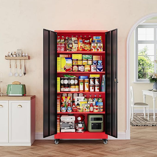 Letaya Metal Garage Storage Cabinets with Lock Door and Adjustable Shelves, Steel Tool Cabinets for Home,Office,Warehouse Organisieren (Black Red, 75" H)