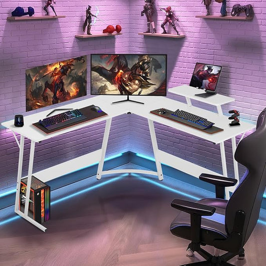 51 Inch L Shaped Gaming Desk Corner Computer Desk with Detachable Monitor Stand for Home Office Learning Gaming Workstation,White
