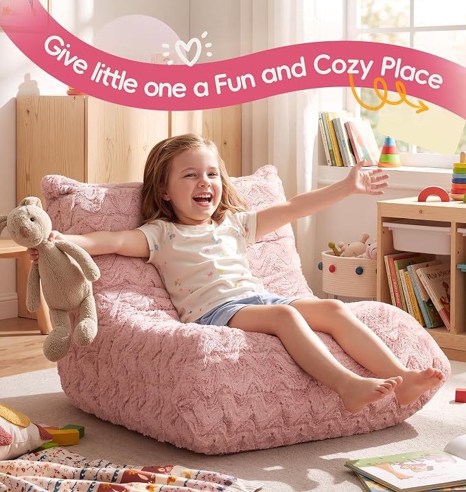 Hobestluk Small Bean Bag Chair Faux Fur Fabric BeanBag Couch for Playroom | Pink Chevron,Ergonomic Design,Memory Foam,Strong Supportive,No Assembly Required,Decorative Style for Living Room Bedroom