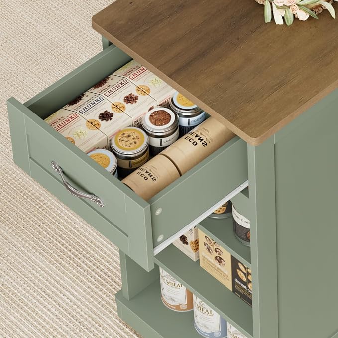 HOSTACK Kitchen Island Cart with Storage, 47'' Kitchen Storage Island on Wheels with 2 Drawers, Rolling Island Table with Adjustable Shelves, Mobile Buffet Sideboard Cabinet for Dining Room, Green