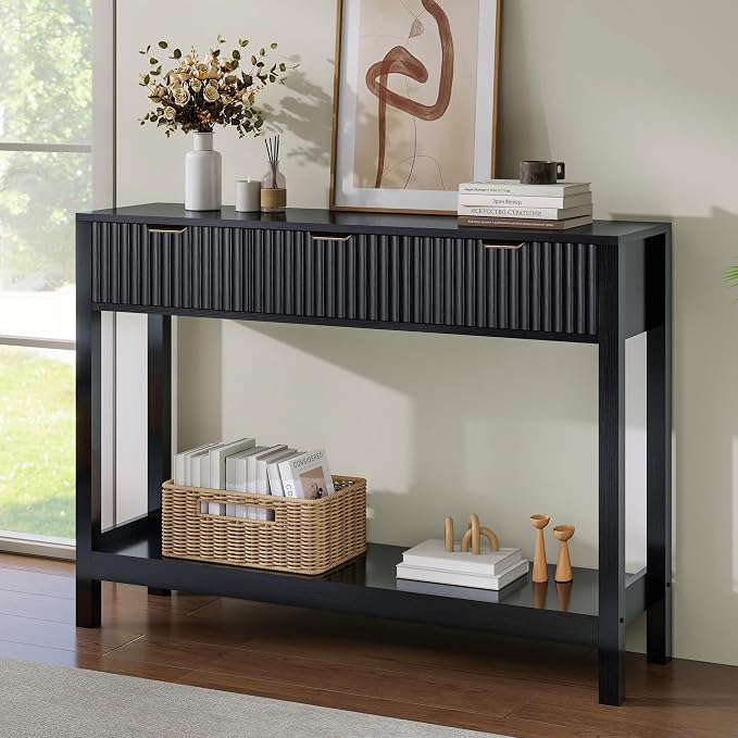 Nasonet Fluted Console Table, Wooden Sofa Table with Storage and Drawers, Farmhouse Behind Couch Table Entryway Table for Entrance, Hallway, Living Room, Black