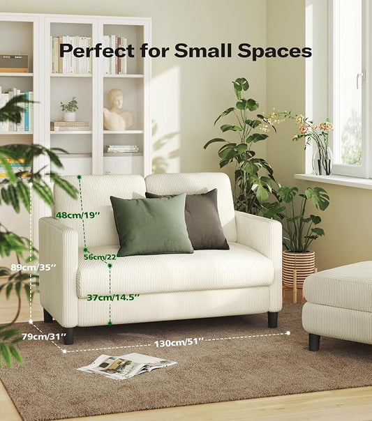 Welzona Loveseat Sofa, 51" Love Seat, Comfy Corduroy Small Loveseat for Small Spaces, Tool-Free Setup Couch for Bedroom, All-Wood Couches for Living Room, Beige