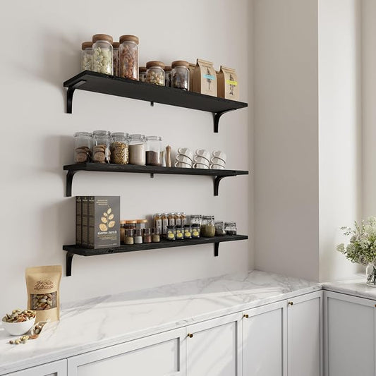 Deep Floating Shelves, 12 Inch Extra Wide Solid Wood Wall Shelves, Heavy Duty Wall Mounted Bookshelf for Living Room, Kitchen and Bedroom, Set of 3 (36 Inch, Black)