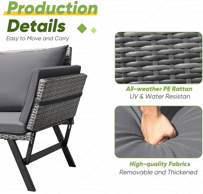 Greesum Outdoor Sofa, Woven Rattan Patio Furniture, Convertible Daybed or Double Chair with Adjustable Armrests, Cushions and Pillows for Yard, Porch, Pool, Gray Lounger & Blue Pillowcase