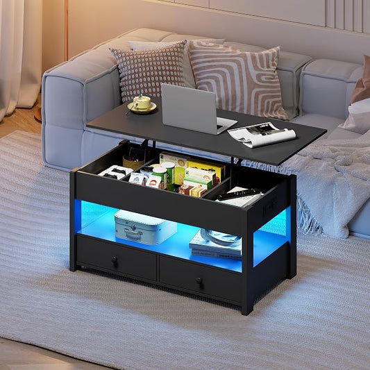 WLIVE Coffee Table, Lift Top Coffee Table with Drawers, LED Light, Large Storage and Open Shelf, Lift Tabletop for Living Room, Deep Black